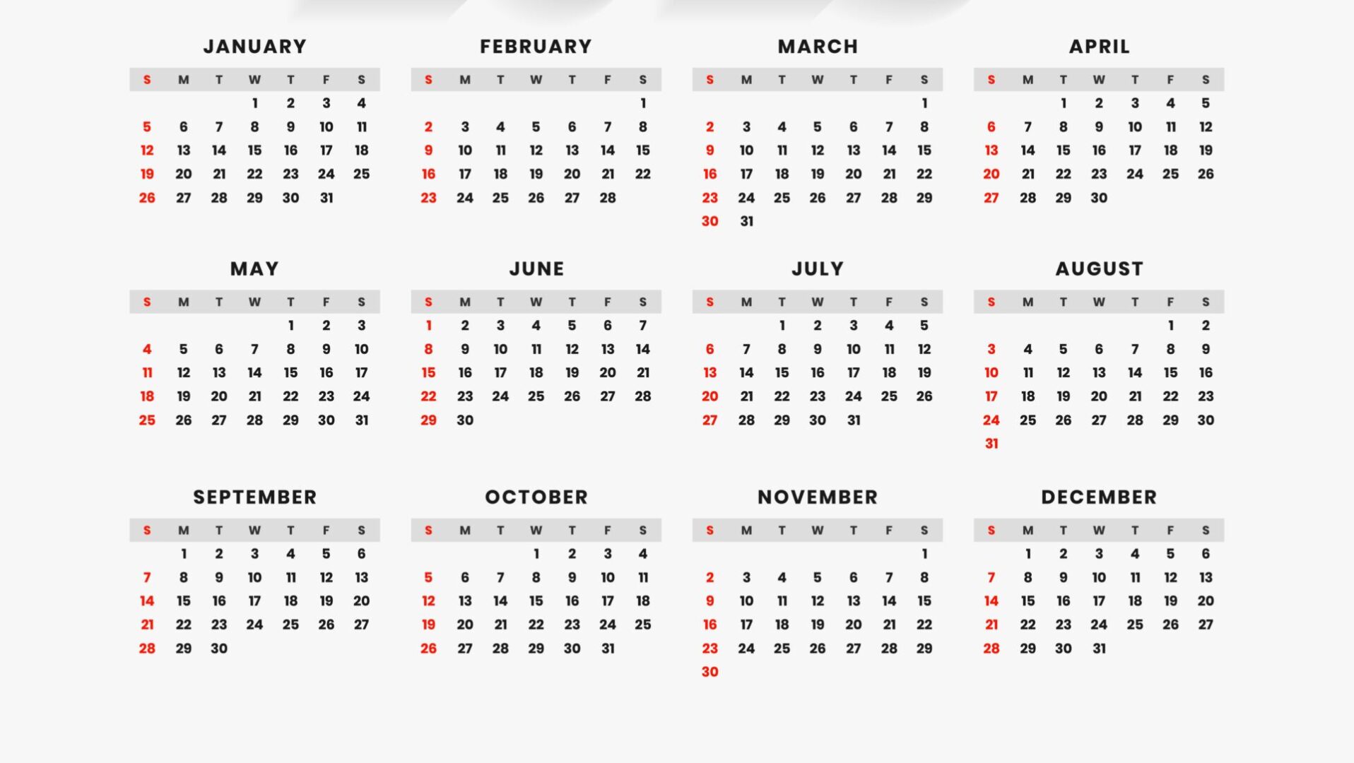 A calendar with the dates of each month.